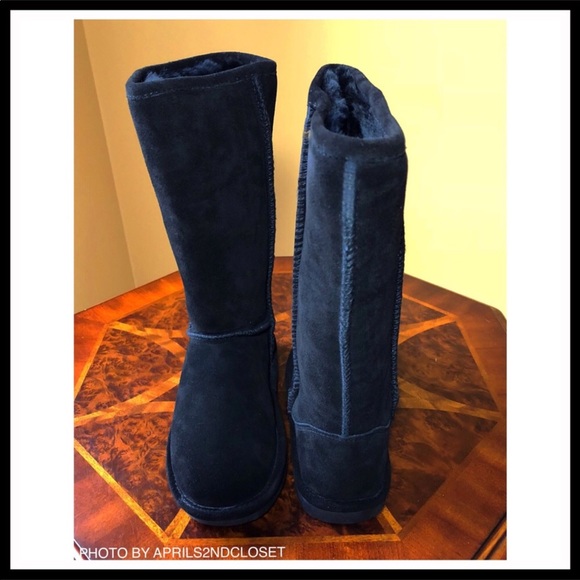BLACK SUEDE SHEARLING LINED COZY WINTER BOOTS MID CALF COMFY BOOTIES - Picture 8 of 9